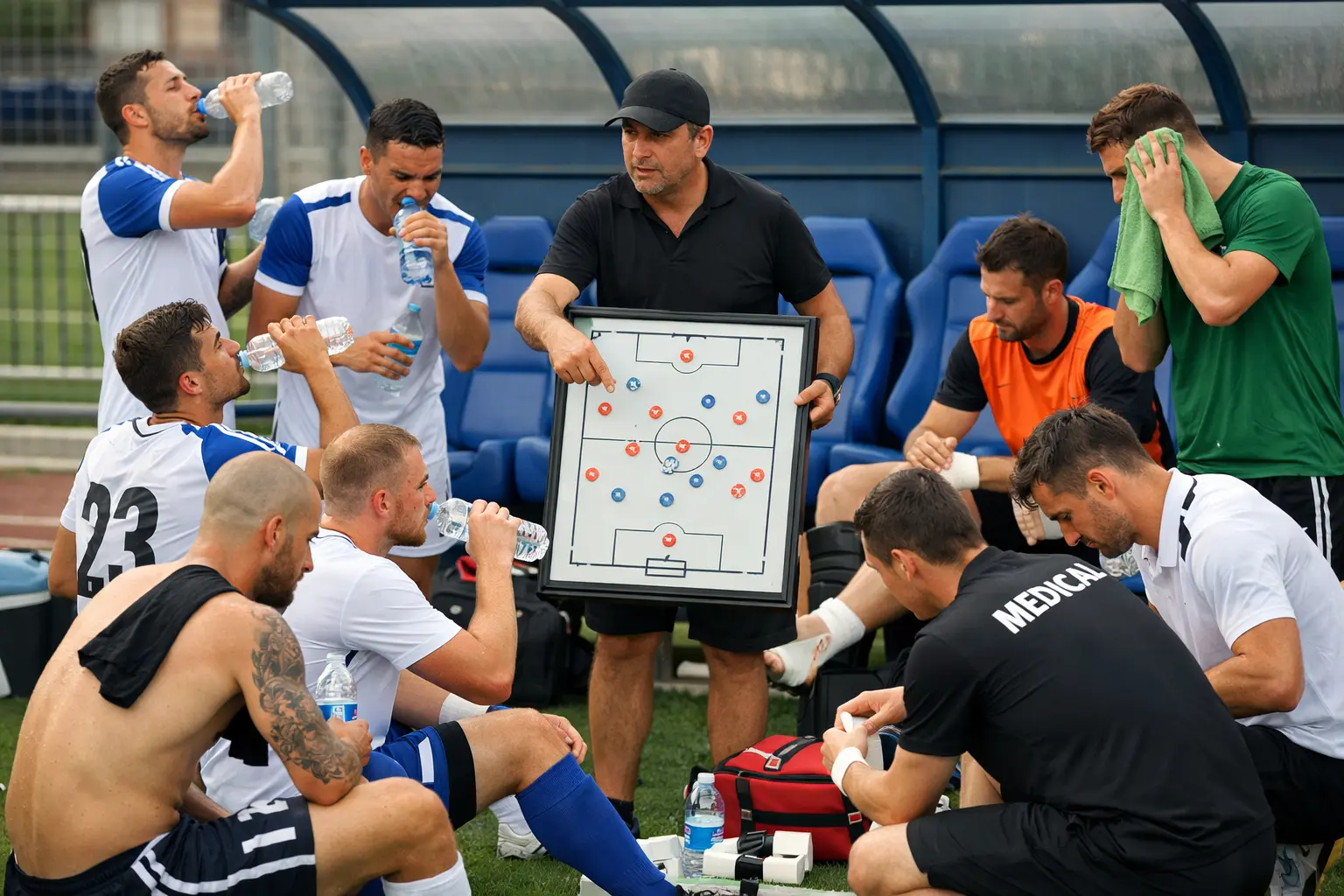 하이드레이션 브레이크 시간에 전술 지시를 내리는 감독과 집중하는 축구 선수들
