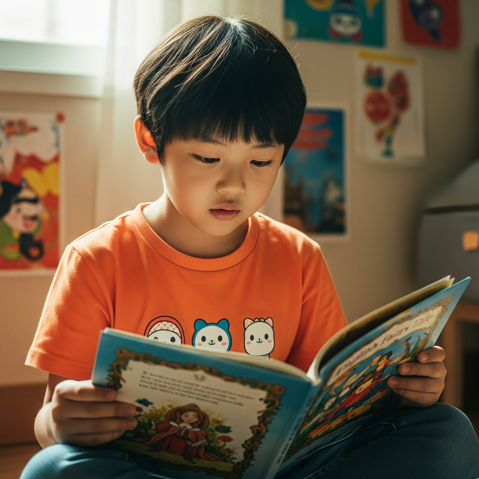 영어 동화책을 읽는 남자 아이
