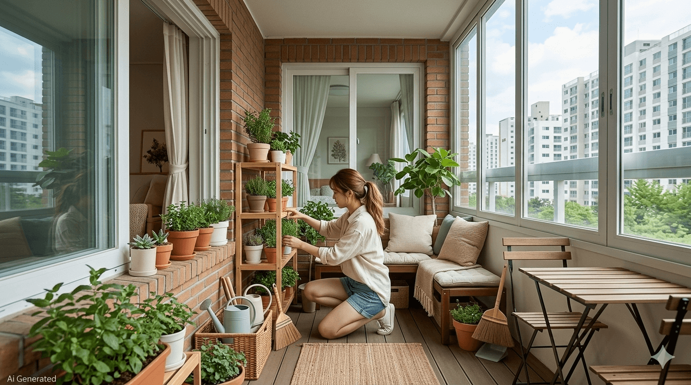 아파트 베란다에서 선반과 화분을 활용해 식물을 정리하고 미니 정원을 꾸미는 모습