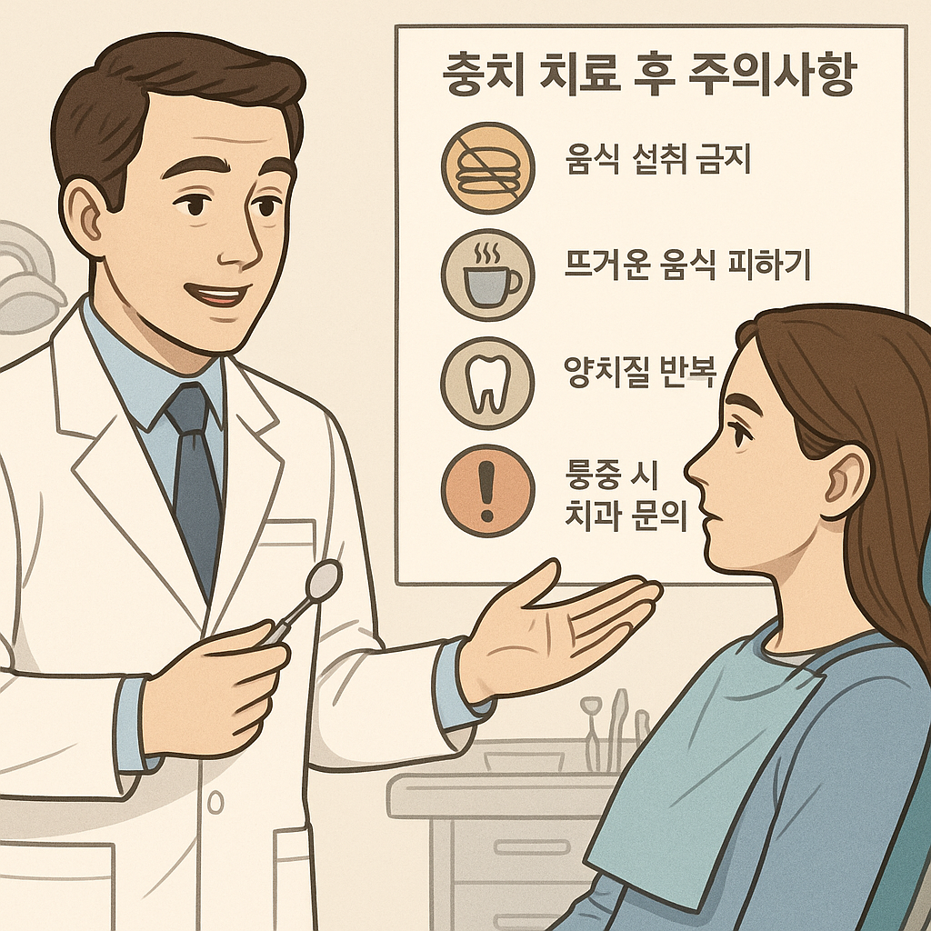 충치 치료 후 주의사항을 설명하는 치과 장면