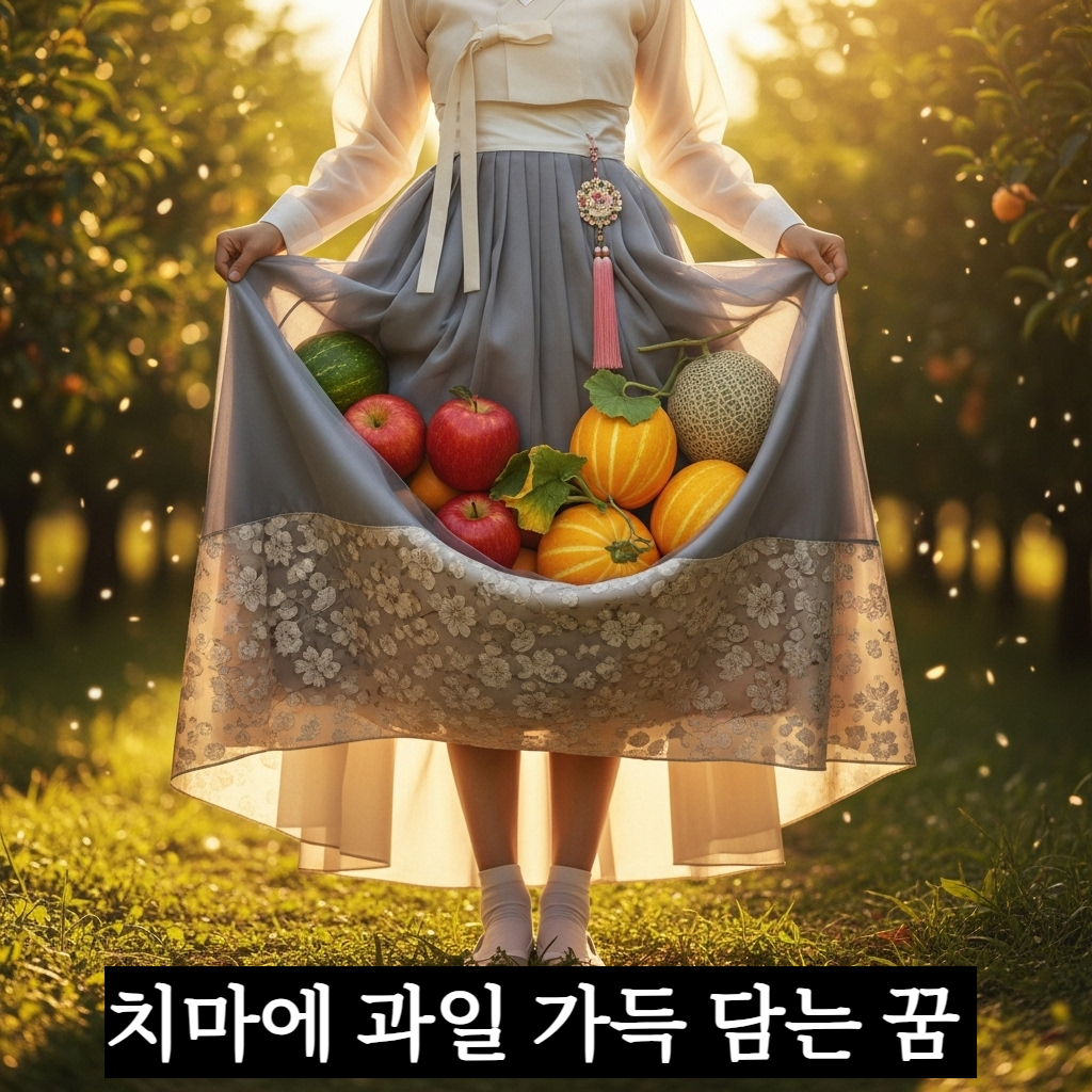 따스한 햇살이 가득한 과수원에서 세련된 한국적 무드가 가미된 치마폭에 잘 익은 빨간 사과와 노란 과일들을 가득 담고 행복하게 미소 짓는 한국인 여성의 모습