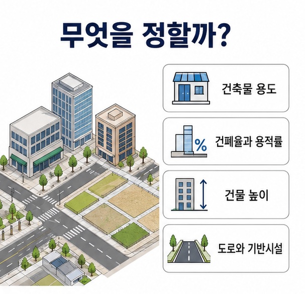 지구단위계획에서 건축물의 용도와 건폐율, 용적률, 높이, 도로와 기반시설 등을 구체적으로 정할 수 있음을 설명한 이미지