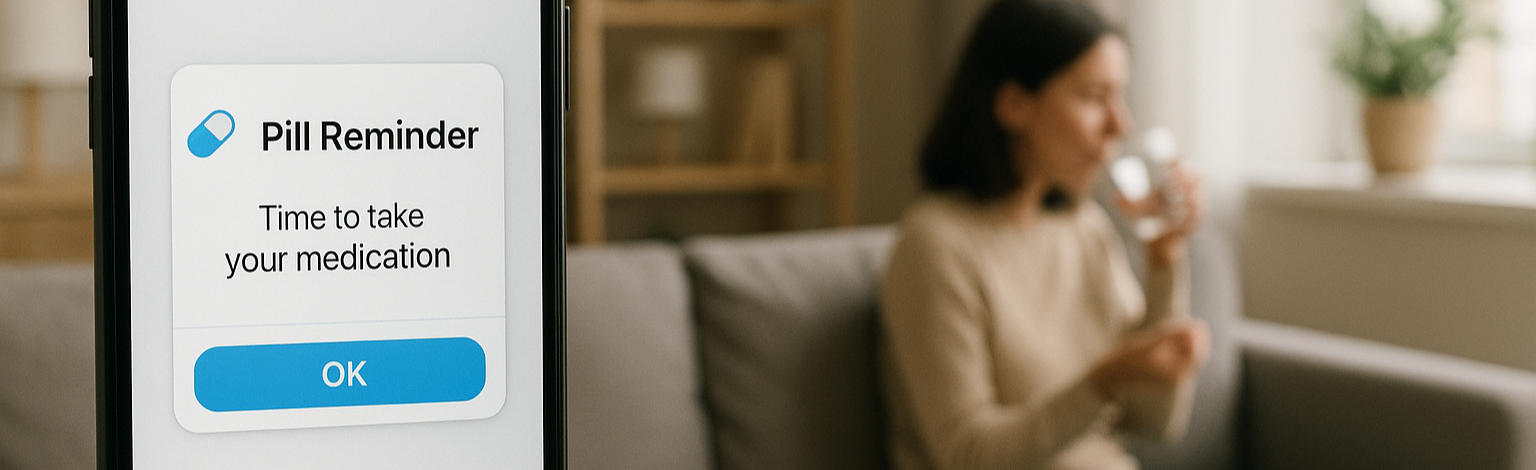 건강관리앱의 알림을 받고, 약을 복용하는 이미지 입니다.