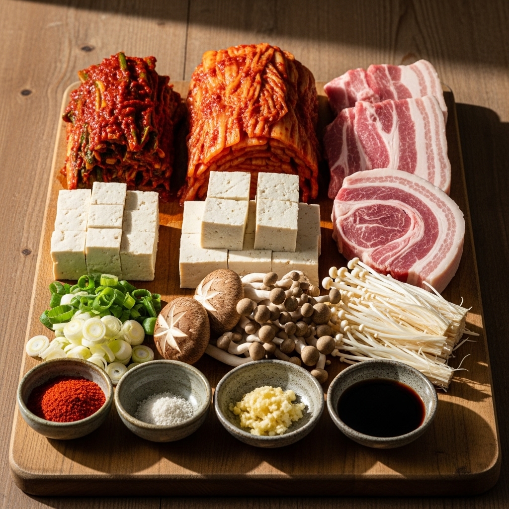 김치찌개 재료들이 나무 도마 위에 가지런히 놓여있는 모습. 잘 익은 김치, 돼지고기, 두부, 대파 등 신선한 재료들이 눈길을 끈다.