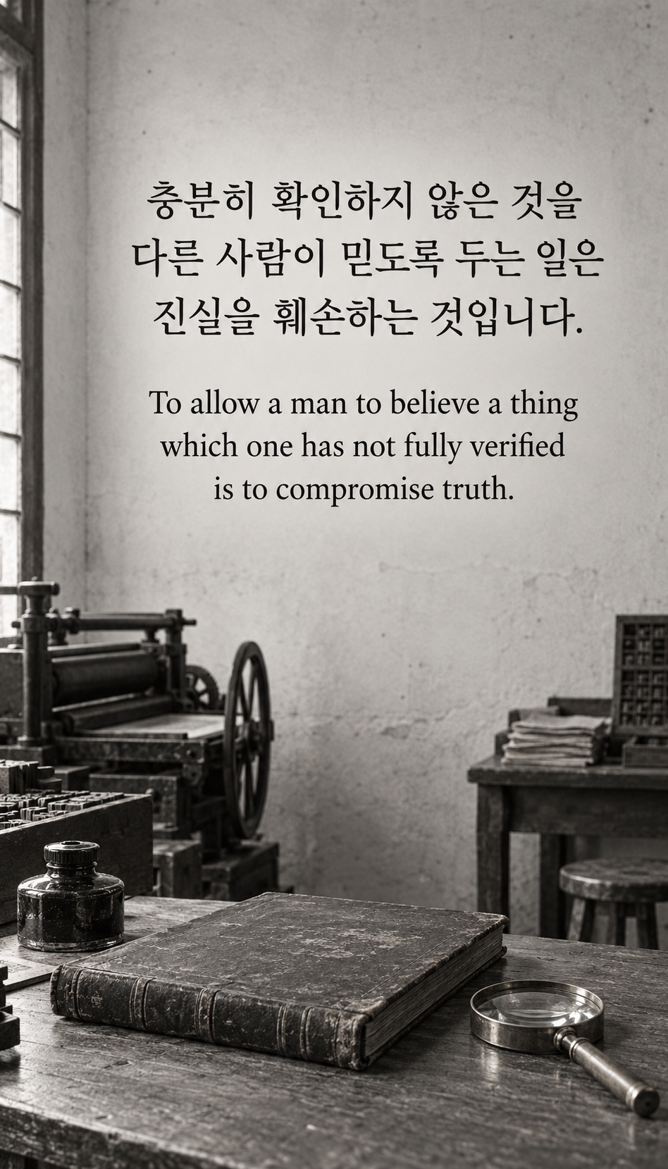 충분히 확인하지 않은 것을 다른 사람이 믿도록 두는 일은 진실을 훼손하는 것입니다. &mdash; 장부와 돋보기가 놓인 옛 인쇄 작업실, 간디 시대의 흑백 기록 사진풍