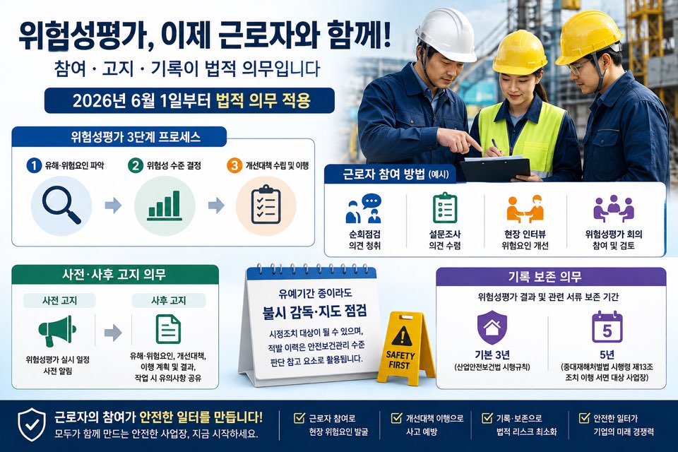 위험성평가 3단계 프로세스(유해·위험요인 파악, 위험성 수준 결정, 개선대책 수립 및 이행)와 순회점검·설문조사·현장 인터뷰·위험성평가 회의 참여 등 근로자 참여 방법 예시, 사전·사후 고지 의무 절차, 기록 보존 의무(기본 3년, 중대재해처벌법 대상 5년)를 보여주는 인포그래픽.