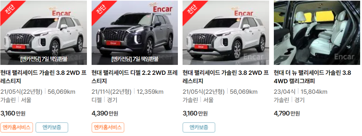 엔카 현대 팰리세이드 중고차 가격