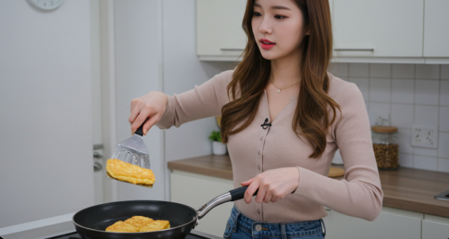 노릇하게 익은 두부 조각을 뒤집개로 뒤집어 반대쪽 면을 굽고 있는 모습