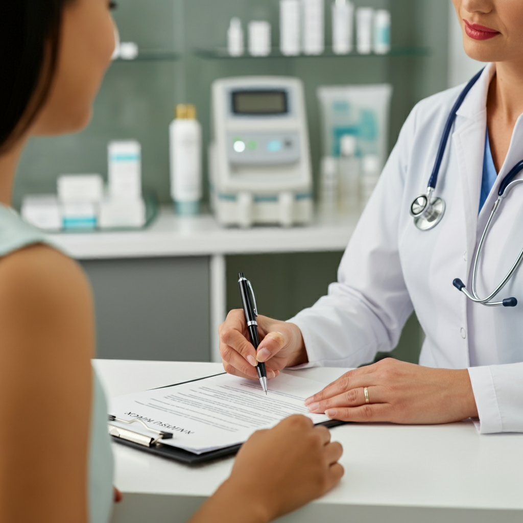 피부과에서 여드름 치료와 실비보험 적용에 대해 상담하며 문서에 서명하는 장면, 배경에는 스킨케어 제품과 의료 장비가 보이는 밝고 전문적인 환경