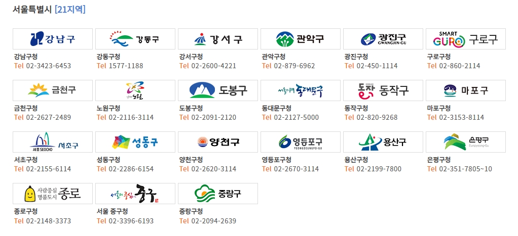 서울특별시 내의 각 구별로 개별 신청해야 하는 지역 목록