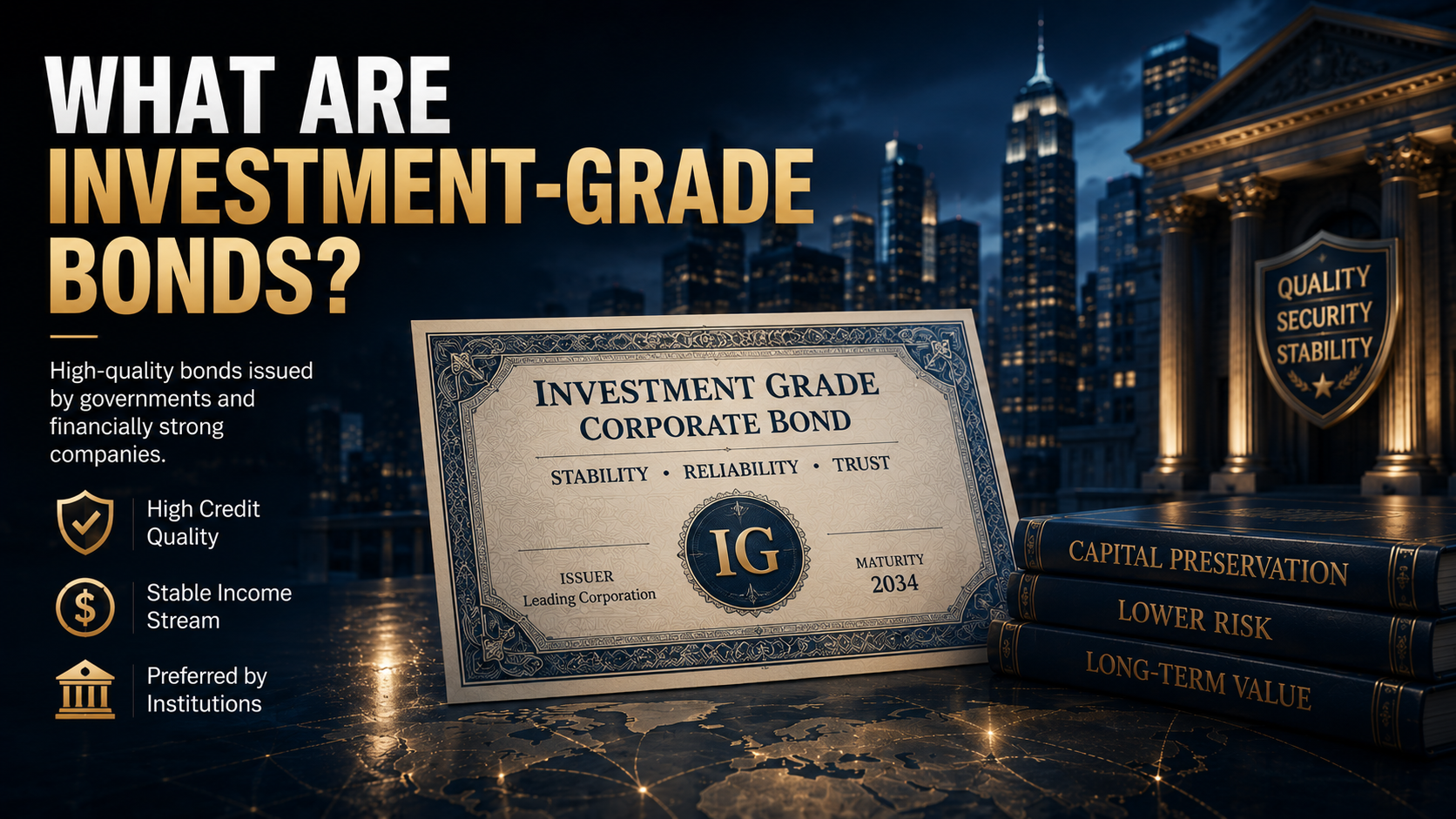 Investment-grade bonds concept with a premium corporate bond certificate, financial district skyline, and cinematic blue-and-gold theme representing stability and institutional investing.