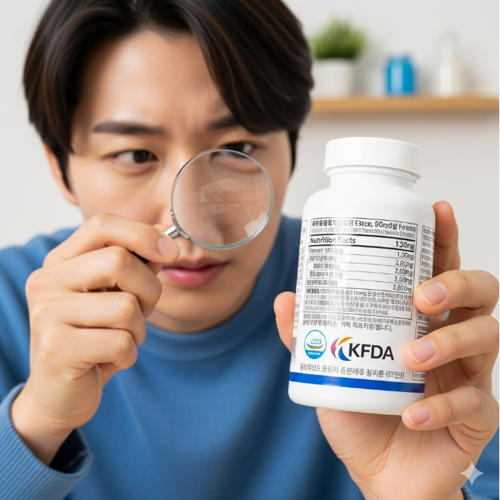 한 사람이 영양제 병의 라벨을 돋보기로 꼼꼼히 들여다보고 있다. 라벨에는 성분표와 함량, 식약처 인증 마크가 자세히 표시되어 있다.