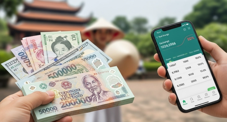 다양한 베트남 동, 미국 달러, 한국 원 지폐가 놓여있고, 스마트폰 화면에는 환율 정보가 표시되어 있습니다. 투명하고 신뢰할 수 있는 환전 과정을 상징하는 이미지.