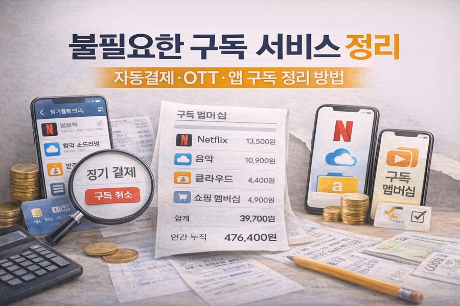 불필요한 구독 서비스와 자동결제를 정리해 월 고정비를 줄이는 방법을 설명하며 OTT, 앱 구독, 자동결제 관리 흐름을 한눈에 보여주는 안내 이미지입니다.