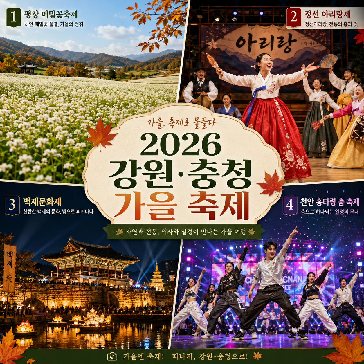 2026 강원 충청 가을 축제 일정과 평창 효석문화제 정선 아리랑제 백제문화제 천안 흥타령춤축제를 정리한 이미지