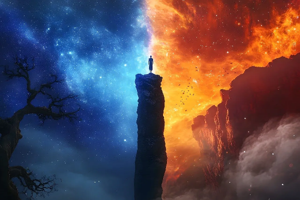 서로 다른 두 세계의 경계에 홀로 서 있는 인물