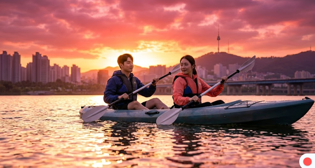 노을 지는 한강에서 카약을 타고 유유자적하게 노를 젓는 커플