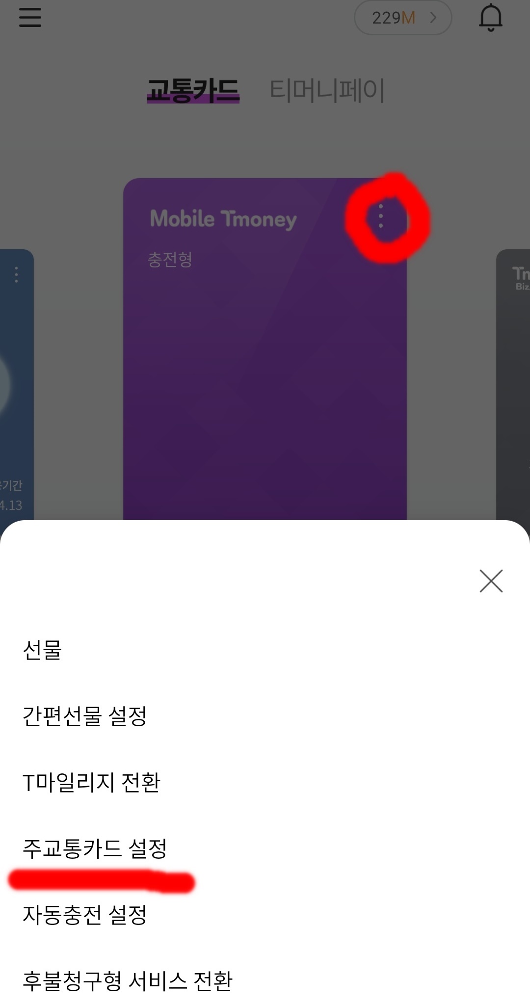 모바일 티머니 주 교통카드로 설정하는 방법
