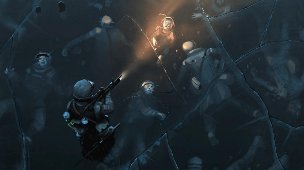 강물속 얼어붙은 군인들과 걸어가는 군인의 모습