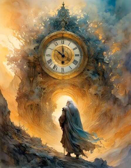 큰 시계 앞에 서있는 나이 많은 노인