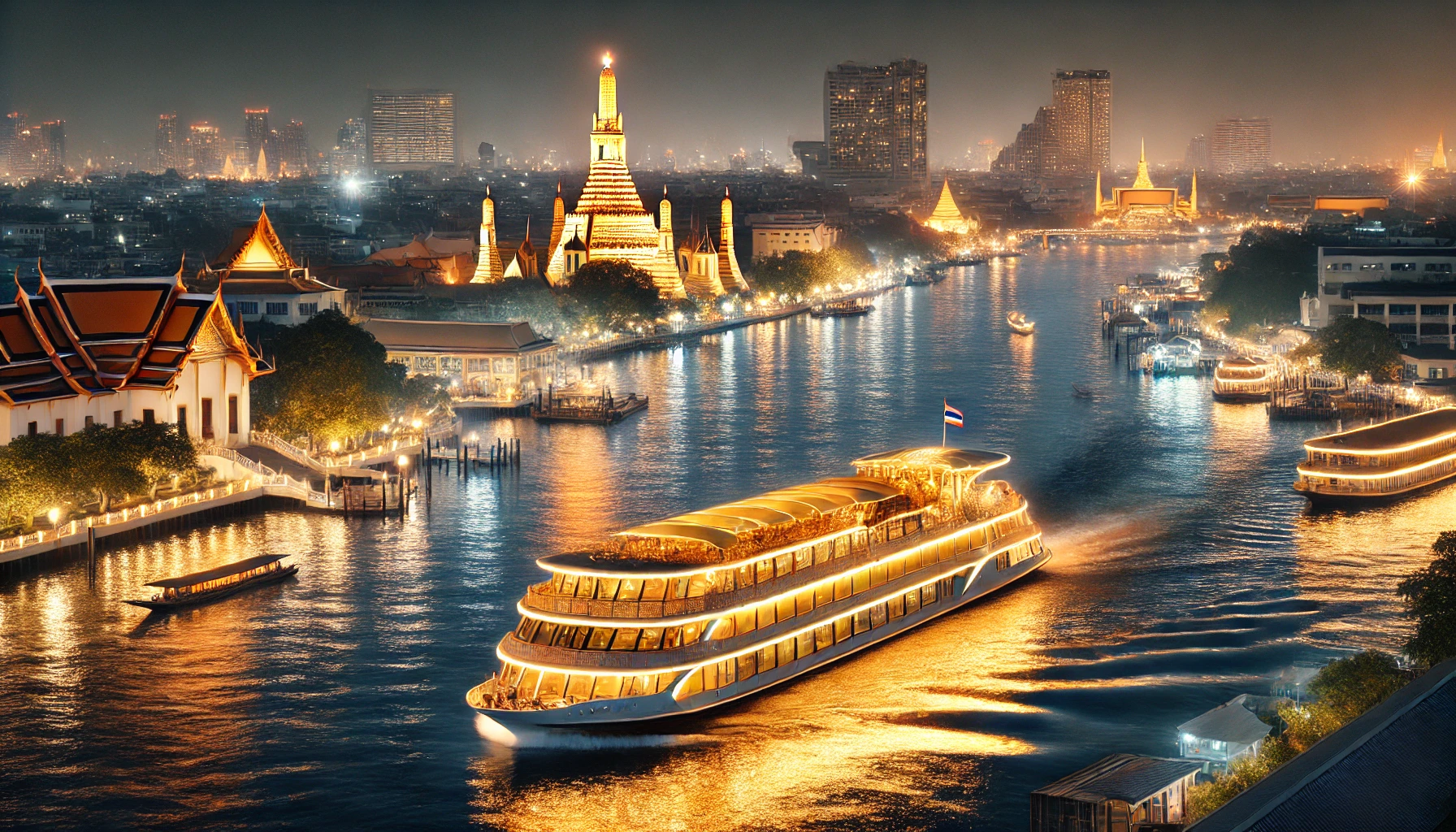 차오프라야 강 위를 유유히 흐르는 크루즈와 야경이 아름다운 배경