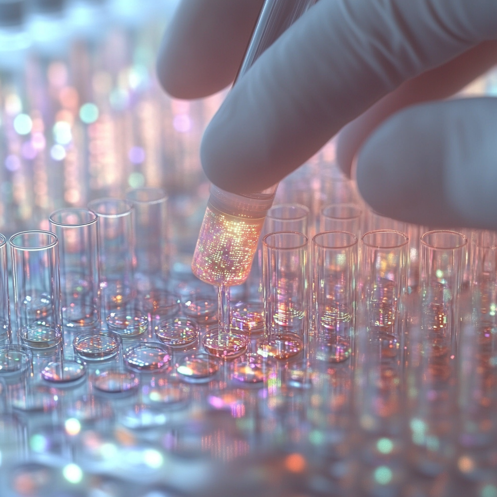 A beauty scientist conducting a pH balance test on a synthetic skin model, using a sleek digital device to measure hydration and pH balance, the lab desk neatly arranged with test tubes, skincare prototypes, and a glowing tablet showing molecular analysis, a bright and clean laboratory with soft ambient lighting emphasizing precision, cinematic lighting, volumetric light, ultra-detailed textures, intricate details, hyper-realistic and innovative environment
