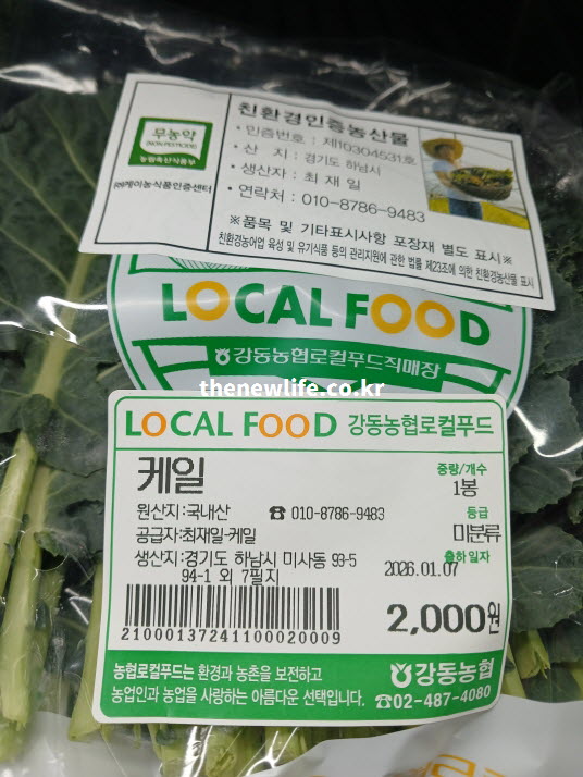 껍질째 먹거나 갈아 마시기 좋은 무농약 친환경 인증 케일, 신선한 로컬푸드 포장 라벨 확인