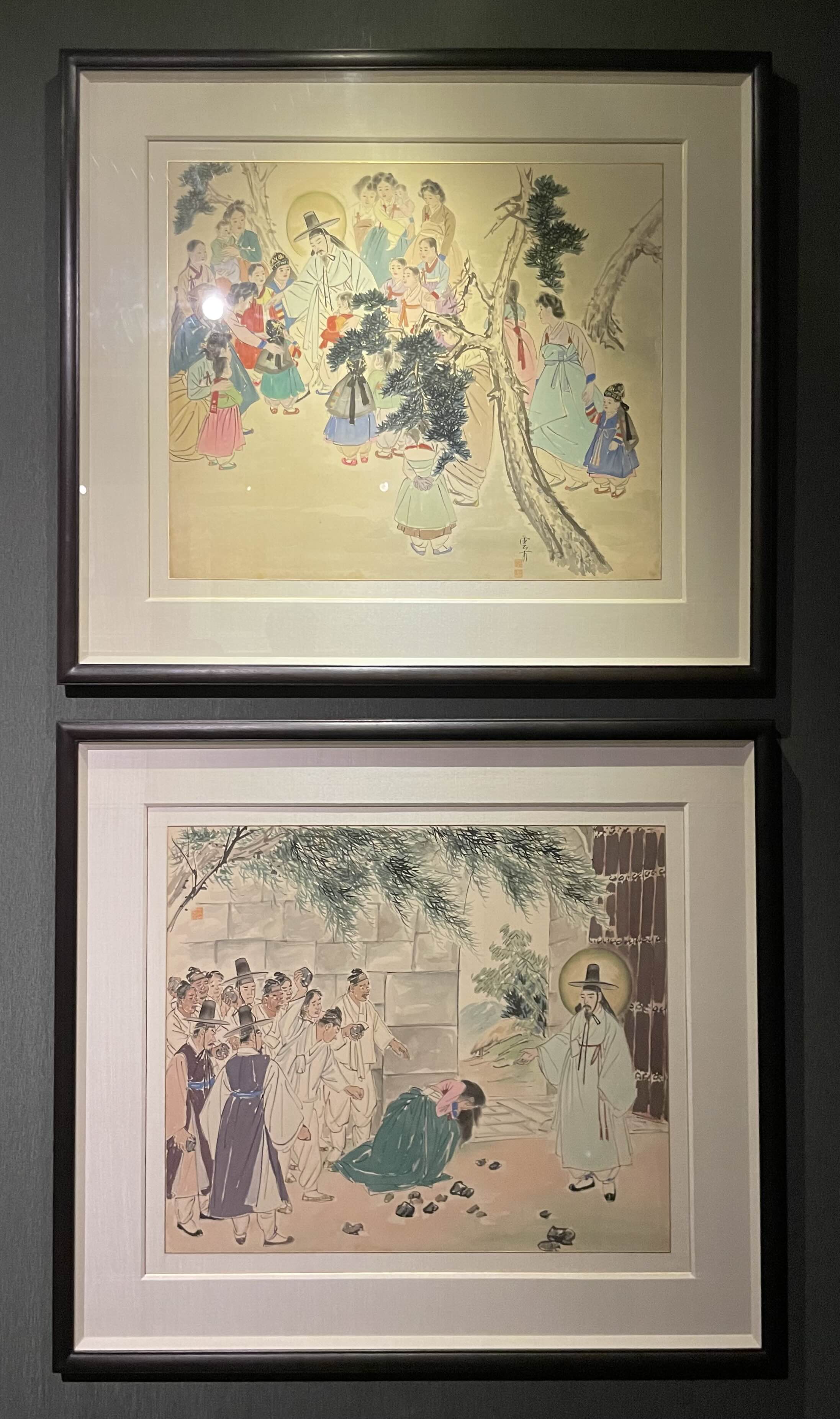 김기창 - 예수의 생애 : 17. 어린이들을 축복하다. 18. 죄 없는 자가 먼저 돌로 쳐라. (1952-1952, 비단에 채색)