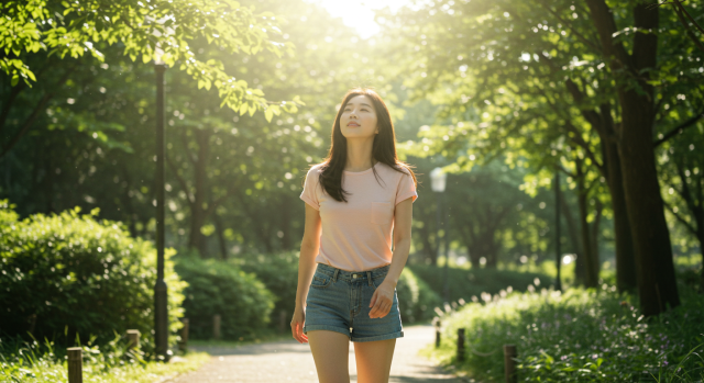 골다공증에 좋은 비타민 D합성을 위해 햇빛을 받으며 산책하는 한국 여성 
