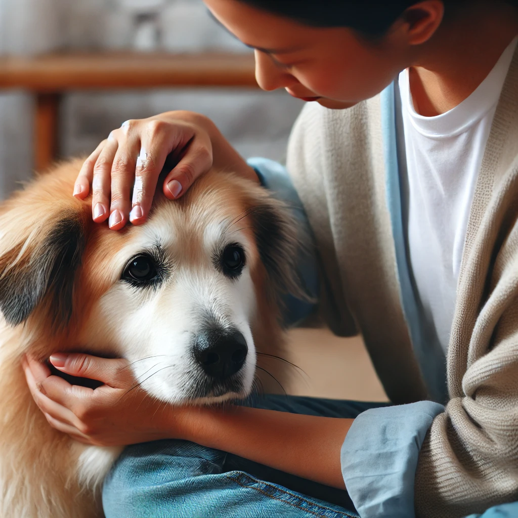 치매 증상을 보이는 강아지를 따뜻하게 돌보는 보호자