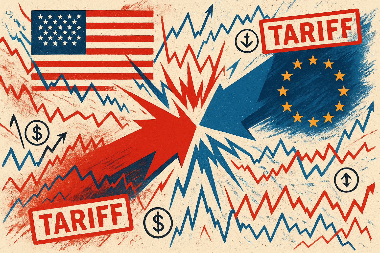 미국과 유럽연합(EU) 사이에서 충돌하는 빨간색과 파란색 화살표