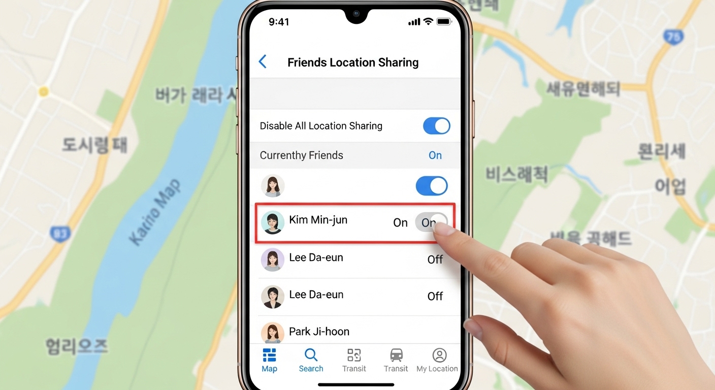 카카오맵 앱에서 '친구와 위치 공유' 메뉴를 통해 특정 친구와의 위치 공유를 해제하는 스마트폰 화면.