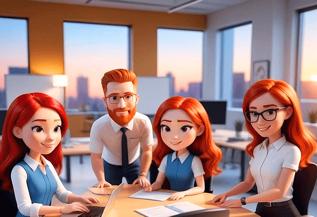 사무실에 갈색의 긴머리 여직원 3명과 남자 직원이 탁자에 모여 앉아 회의중이다.