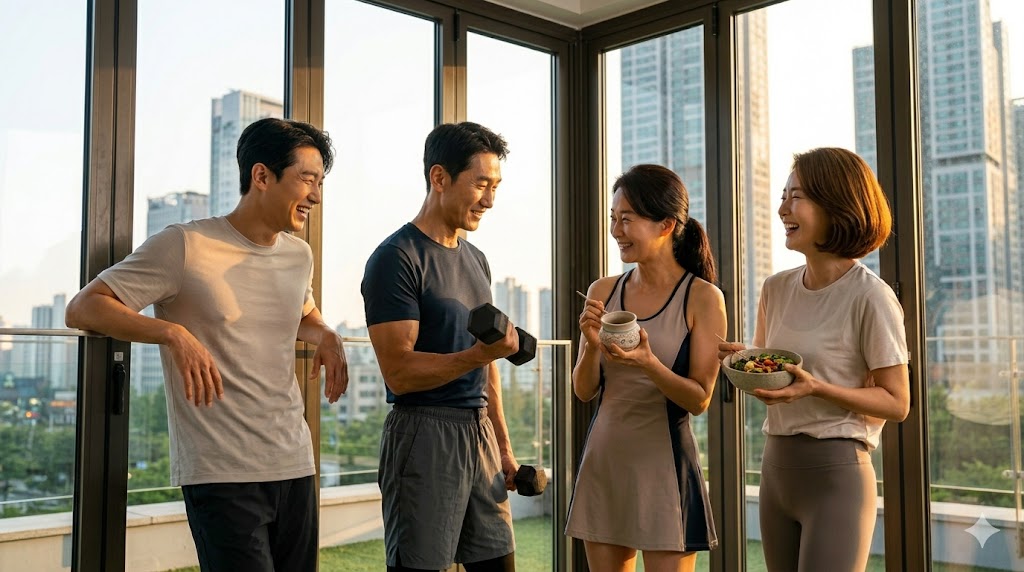 햇살이 비치는 루프탑에서 운동복을 입고 덤벨을 든 남성과 건강한 음식을 먹으며 밝게 웃고 대화하는 세련된 50대 남녀 4인 그룹의 활기찬 모습