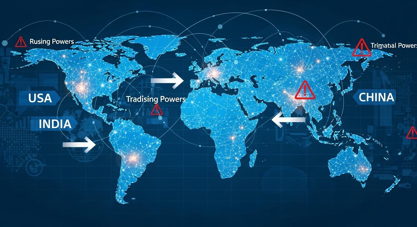 2025년 G20 국가들의 변화하는 국제적 영향력과 새로운 파워 게임 양상을 시각화한 세계 지도.