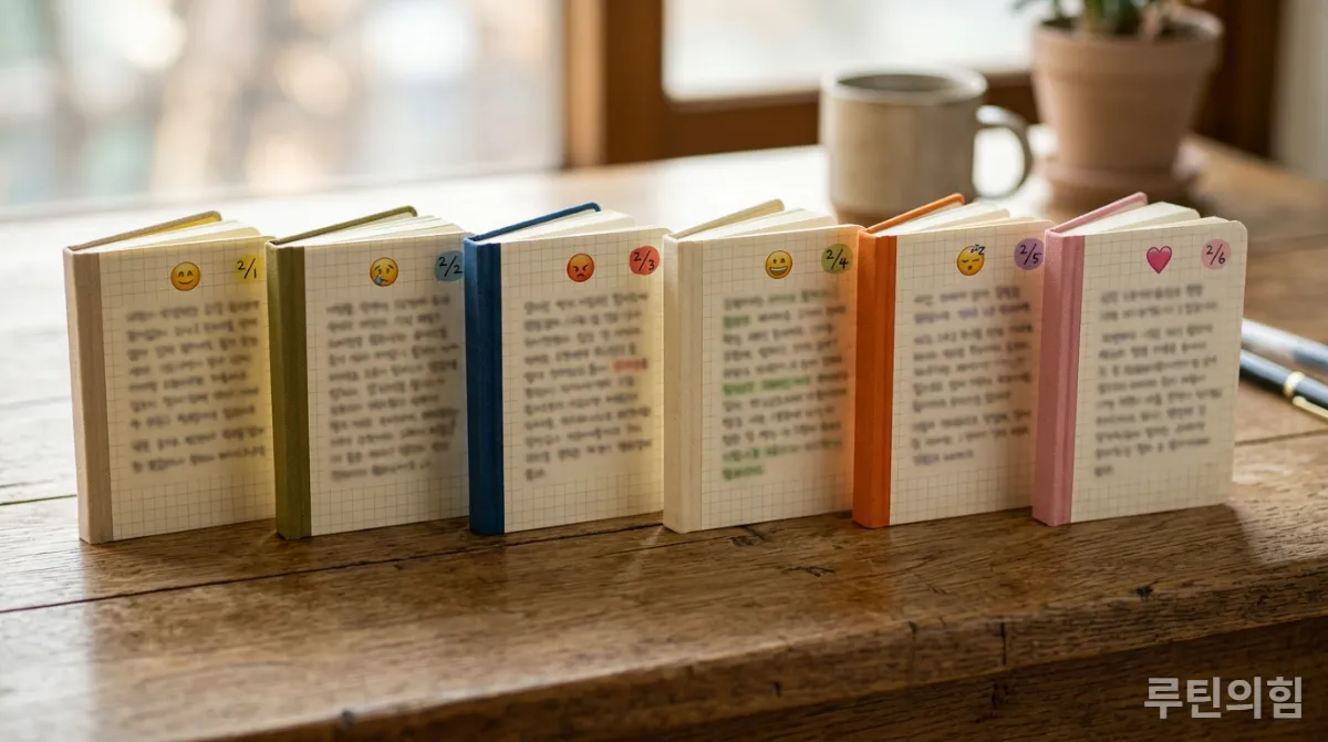 꾸준한 감정 기록의 중요성을 보여주는 연속적인 일기 이미지