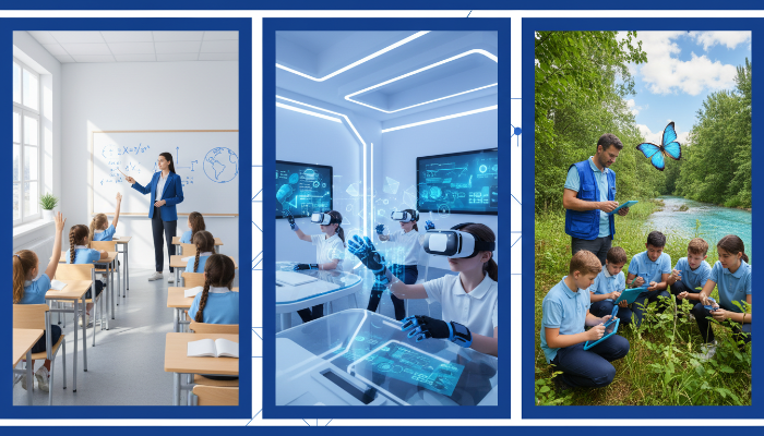 전통적인 교실부터 VR 실험실까지 다양한 형태의 교육 환경을 보여주는 이미지