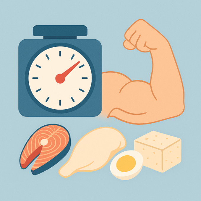 단백질 식품과 체중계, 근육 이미지를 결합한 요요 방지 상징 일러스트