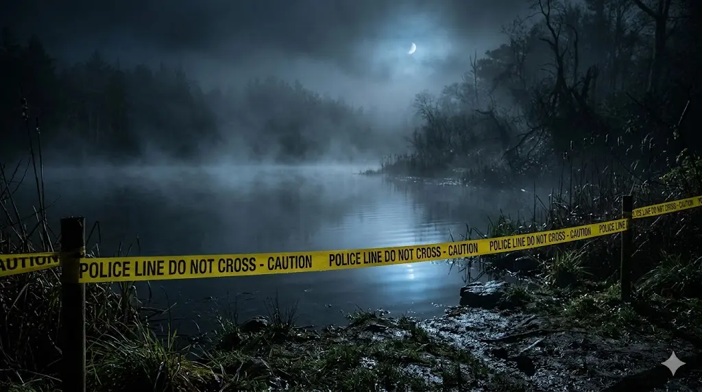 안개가 자욱하게 낀 어두운 호숫가 주변으로 노란색 경찰 통제선이 쳐져 있는 스산하고 미스터리한 풍경