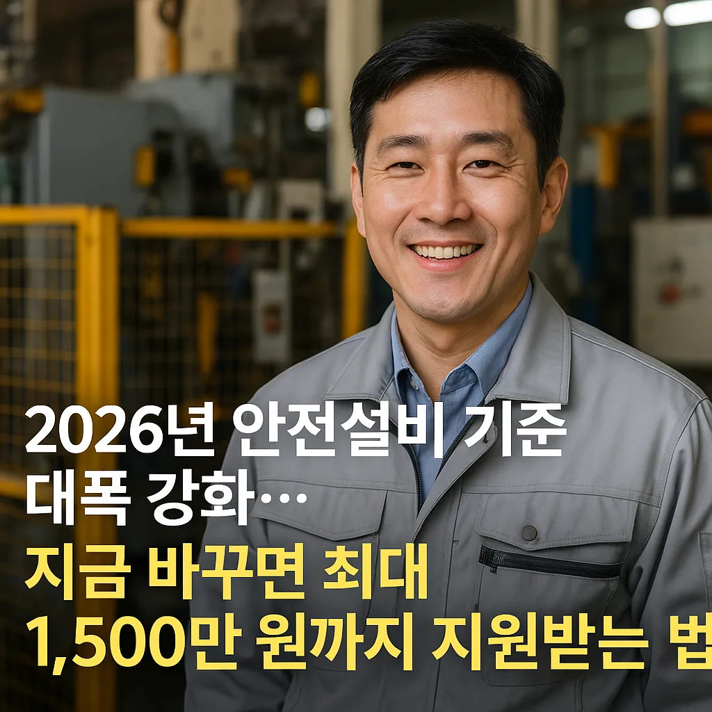 산업안전 설비 앞에서 서류를 들고 미소 짓는 작업자의 안전설비 교체 지원 안내