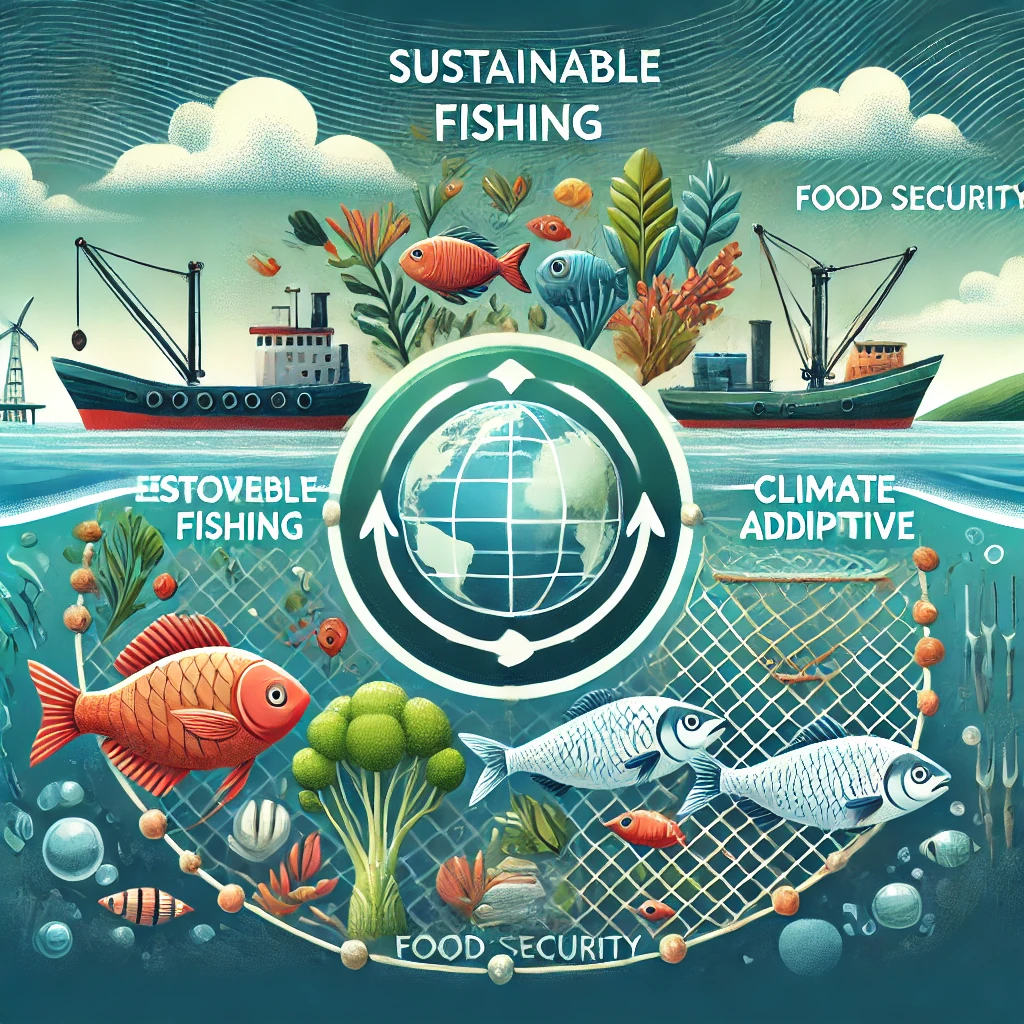 지속 가능한 어업이 식량 안보에 미치는 긍정적인 영향을 묘사한 일러스트입니다. 친환경 어업 방식과 기후 적응형 어업 기술을 통해 균형 잡힌 해양 생태계 속 다양한 어종이 안정적으로 유지되고 있습니다. 건강한 바다가 배경에 나타나며, 지속 가능한 어업이 미래 식량 자원을 보존하는 역할을 상징합니다.
