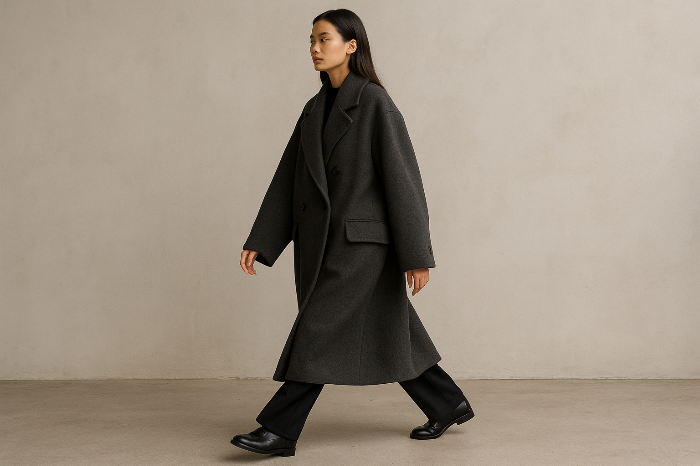 FW 오버사이즈 코트를 입은 모델의 전신 실루엣
