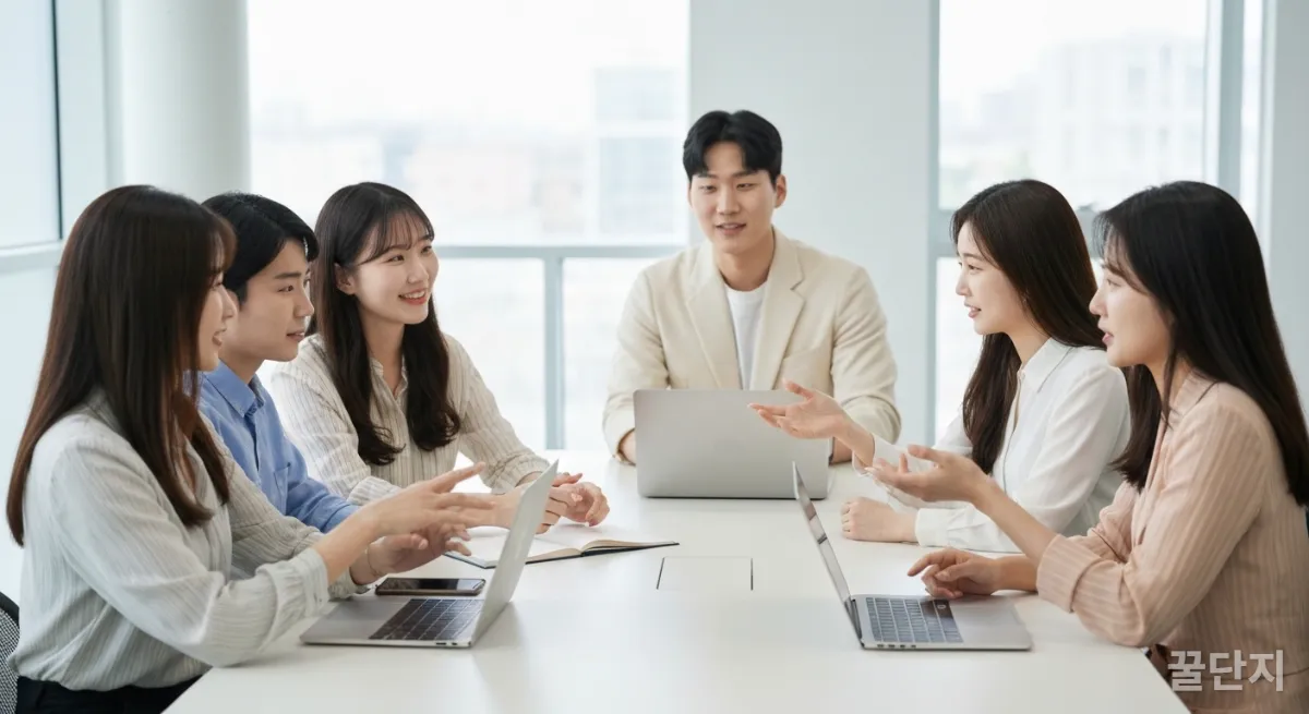 밝은 사무실에서 서로 경청하며 토론하는 젊은 한국 직장인들