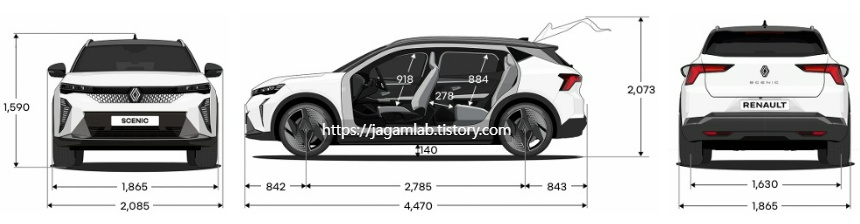 세닉 E-TECH 전장, 전폭, 전고, 축간거리, 윤거 전후 제원