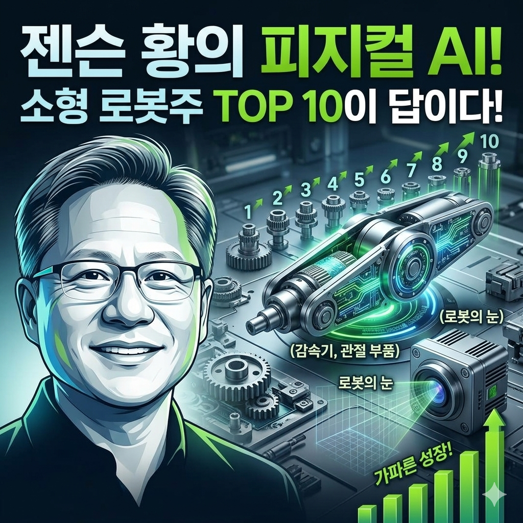 젠슨 황 엔비디아 CEO의 스타일리시한 초상화와 미래 지향적인 로봇 부품을 결합한 인포그래픽 스타일의 썸네일 이미지입니다. 이미지 상단에는 크고 굵은 흰색 및 연두색 한글 텍스트로 "젠슨 황의 피지컬 AI! 소형 로봇주 TOP 10이 답이다!"라고 쓰여 있습니다.
왼쪽에는 미소 짓는 젠슨 황의 현대적인 스타일 초상화가 배치되어 있으며, 그의 오른쪽으로 기어와 회로가 있는 복잡한 소형 로봇 관절 부품이 빛나고 있습니다. 이 부품 위로는 1부터 10까지 숫자가 매겨진 부품들과 상승하는 연두색 화살표 그래프가 그려져 있어 'TOP 10'을 시각화합니다. 관절 부품 아래에는 "(감속기, 관절 부품)"이라는 작은 텍스트가 있습니다.
오른쪽 하단에는 렌즈가 달린 소형 로봇 비전 센서 모듈이 배치되어 있으며, 그 아래로 "로봇의 눈"이라는 텍스트가 있습니다. 센서 옆으로는 "가파른 성장!"이라는 한글 텍스트와 함께 상승하는 연두색 막대그래프가 그려져 있습니다. 전체적인 이미지는 미래 지향적인 기술 분위기를 풍기며, 엔비디아 특유의 녹색과 세련된 블루 톤이 조화를 이룹니다.