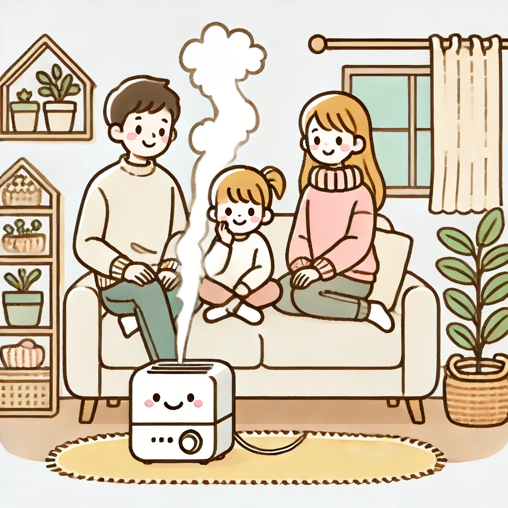 가족이 가습기를 사용하며 난방비를 절약하는 따뜻한 순간
