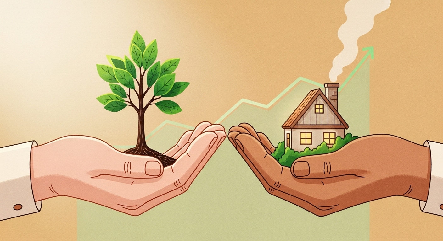 지역 경제 활성화와 인구 유입을 상징하는, 새싹을 키우고 있는 손과 농어촌 마을 집이 조화롭게 그려진 일러스트.