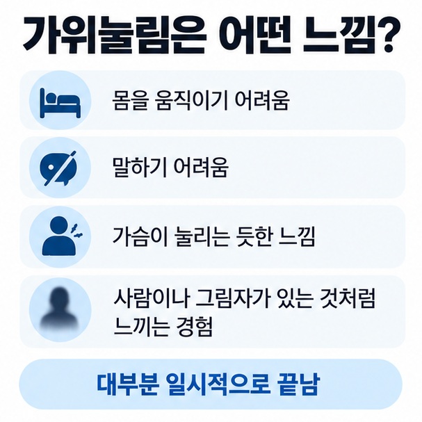 몸을 움직이기 어려움 말하기 어려움 가슴 압박감 환각 같은 경험 등 가위눌림에서 나타날 수 있는 느낌을 정리한 이미지