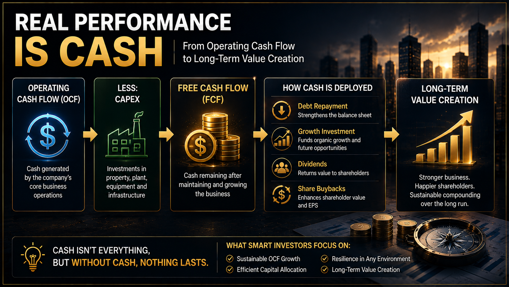Operating Cash Flow to Free Cash Flow showing CAPEX debt repayment growth investment dividends and share buybacks
