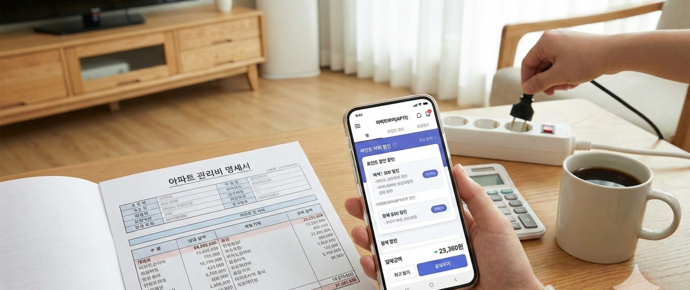 아파트 관리비 명세서와 스마트폰(아파트아이 앱)이 나란히 놓여있고 그 옆에 커피 한 잔이 있는 여유로운 모습